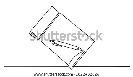 Single continuous line drawing of notebook or notepad with a pencil above work desk. Writing business draft on office notes concept. Notebook and pen one line drawing vector.
