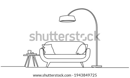 Continuous single drawn single line sofa with floor lamp lampshade hand-drawn picture silhouette. Line art. doodle. Continuous one line drawing the interior of the living room in the house.