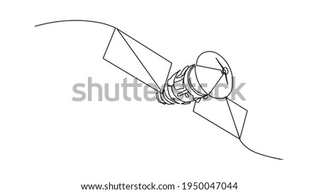 Continuous line drawing of satellite vector illustration. realistic satellite in orbit of the Earth, artificial satellite of telecommunications, satellite communications from Earth orbit. One line art