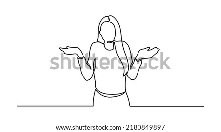 Continuous Line Drawing of Young woman spread her hand and shrugging shoulder. I do not know. Oops! Continuous Line Drawing.