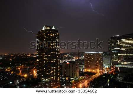 lightning, night storm in town