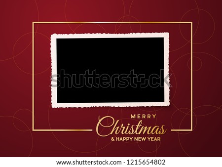 Merry Christmas, empty background and blank photo, made with golden frame and text 