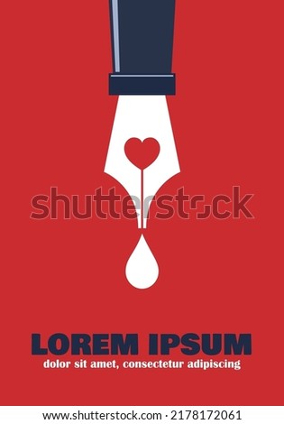 Romantic writer. Fountain pen with  heart. Love story and Valentine Day concept. Vector poster and illustration