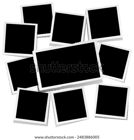 Nine square and one horizontal empty photo frames lying on white background in confusion are waiting to be filled with memories, team and teamwork