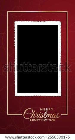 Christmas greeting card with photo frame on red background wishing merry christmas and happy new year. Vector template with picture to insert for smartphone