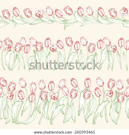 3 floral decorations elements seamless borders. Flowers tulips.