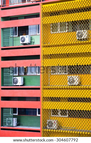 Thailand, Bangkok china town -  August 5, 2015: Red and yellow tenement house city downtown on August 5,2015