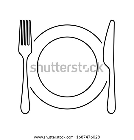 Plate, knife, spoon and fork line icon. Vector illustration