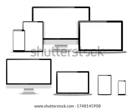 Set of compute, laptop, smartphone with empty screens. Vector illustration
