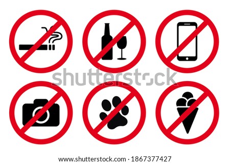 No Smoking signs icon, no photography icon, no dogs vector set