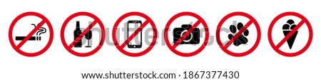 No Smoking signs icon, no photography icon, no dogs vector set
