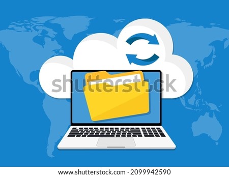 Laptop uploads to cloud server, data and database vector icon