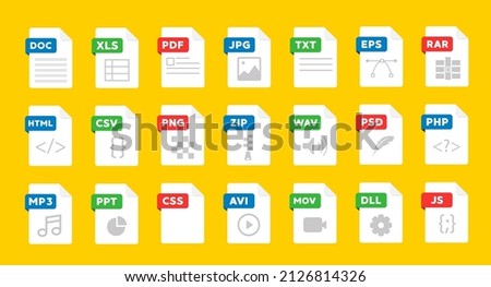 File format flat icon set. Document file icons vector set