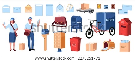 Male and female postman with bag with letters, mailbox, transport. Professions, delivery concept