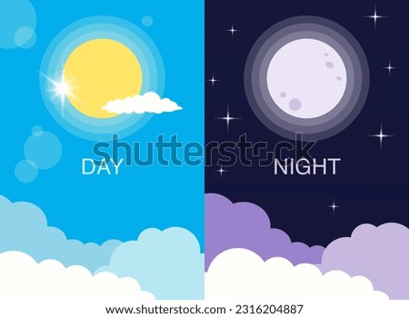 Day and night illustration. Vector day and night. Background with sun, moon, sky icons