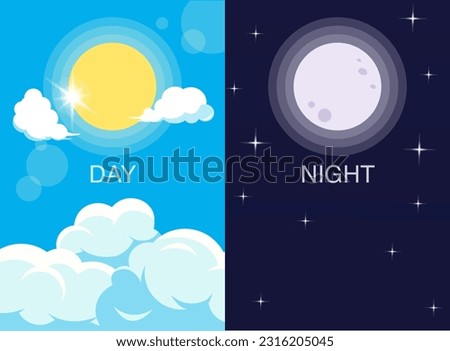 Day and night illustration. Vector day and night. Background with sun, moon, sky icons