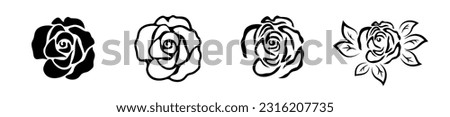 Set of three vector black silhouettes and line art of rose flowers