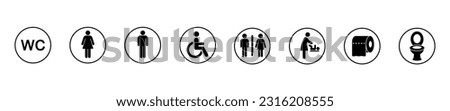 Toilet line icon set. WC sign. Men,women,mother with baby and handicap symbol.