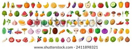Large set of fruits and vegetables. All kinds of green vegi and fruit for cooking meals. Vegetables and fruits in a juicy cartoon style. A bright element for design. Apple, tomato, cucumber, plum, pas