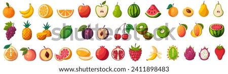 Fruits and berries icon set. Strawberry, peach, apple, raspberry, pear, banana, orange