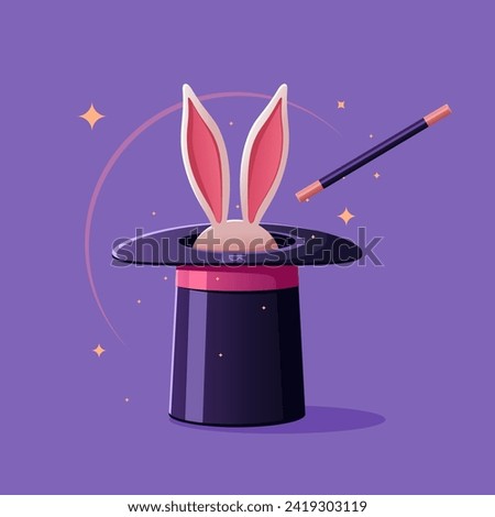 Magician's black hat, magic hat with bunny ears. Vector flat illustration in cartoon style.