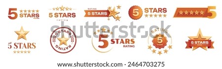 Golden Five stars logo template set. 5 star rating emblems set