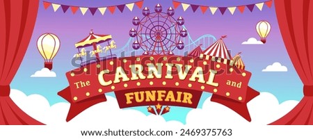 Carnival funfair with fireworks rays. Amusement park carousels