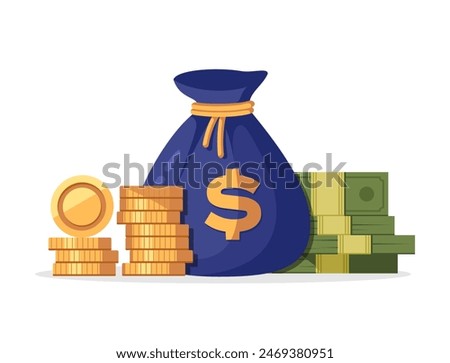 Money set icon. Dollar, money bag, gold, banknote. Money bag flat illustration