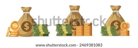 Money set icon. Dollar, money bag, gold, banknote. Money bag flat illustration