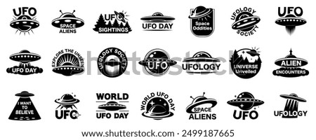 UFO flying logo set. Simple set of flying UFO set