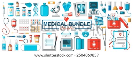 Medical set. Medicine cartoon table, antibiotics, medication dose flat icons. First aid set icon