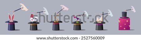 Magician hat set performing tricks with bird, bouquet of flowers, ribbons, playing cards