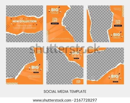 Vector set of ripped torn paper style social media template with orange color and abstract shape misc. Feed fashion sale template. Stock foto © 