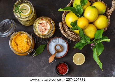 Similar – Image, Stock Photo Fermented lemons in jars of salt, chili pepper and rosemary. Probiotics Fermented food. Pickled lemons.