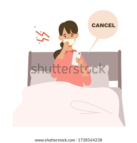 Vector illustration of people combating the coronavirus. New norms for prevent the spread of COVID-19. Medical masked woman canceling reservation due to poor physical condition.