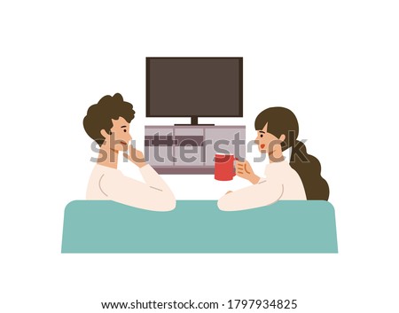 Vector illustration of a couple watching the TV. Man and woman have a relaxing day off. Stay at home concept.