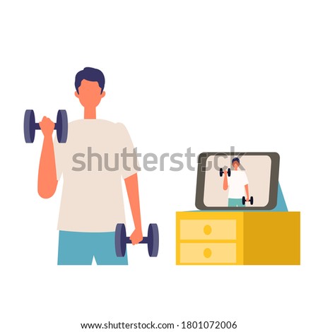 Online fitness concept. Work out via monitor, laptop, tablet. Vector illustration of a man working out in his home. Working out at home.
