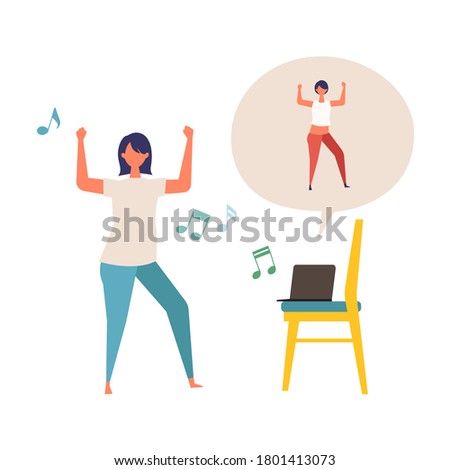 Online fitness concept. Work out via monitor, laptop, tablet. Vector illustration of a woman dancing in her home. Working out at home.