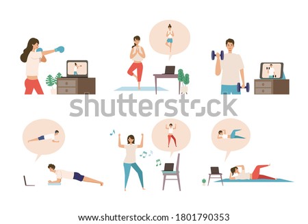 Online fitness concept. Work out via monitor, laptop, tablet. Vector illustration of a people relaxing in their home. Collection of people working out at home.