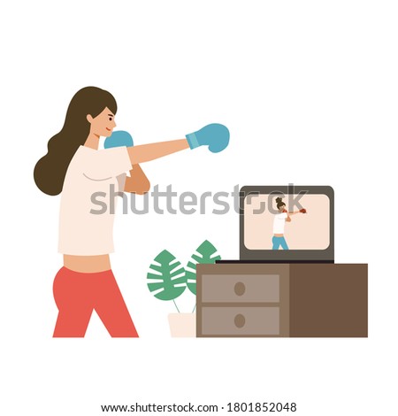 Online fitness concept. Work out via monitor, laptop, tablet. Vector illustration of a woman doing boxercise in her home. Working out at home.