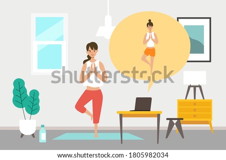 Online fitness concept. Work out via monitor, laptop, tablet. Vector illustration of a woman doing yoga in her home. Working out at home.