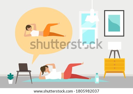 Online fitness concept. Work out via monitor, laptop, tablet. Vector illustration of a woman doing bodyweight training in her home. Working out at home.