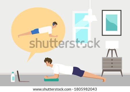 Online fitness concept. Work out via monitor, laptop, tablet. Vector illustration of a man doing bodyweight training in her home. Working out at home.