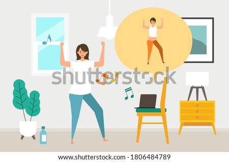 Online fitness concept. Work out via monitor, laptop, tablet. Vector illustration of a woman dancing in her home. Working out at home.