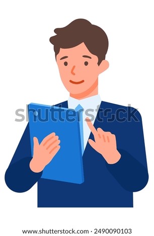 Working man. Concept for Problem Solving. Man cartoon character. People face profiles avatars and icons. Close up image of tablet man. Vector flat illustration.