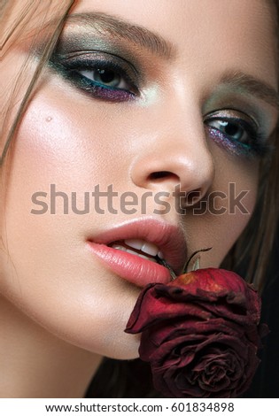 Similar – Image, Stock Photo Close up smoky portrait of young dark haired woman with curls, light blue eyes and freckles