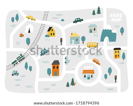 Cute town map for kid's room. Hand drawn vector illustration. Nursery concept for bedding, poster.