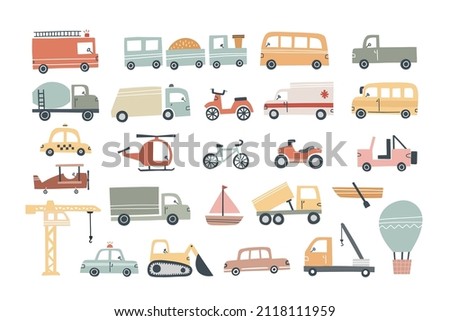 Set of cute vehicles for kids design. Hand drawn vector illustration.