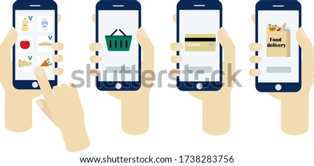 Juice, apple, carrot, apples, cheese, loaf on phone screen in hands on white background.Concept for food delivery, business, restaurants, supermarkets, fresh food, mobile app, farmers, organic product