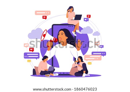 Woman with megaphone on screen mobile phone and young people surrounding her. Vector illustration in flat with characters - influence blogger promotion services and goods for his followers online.